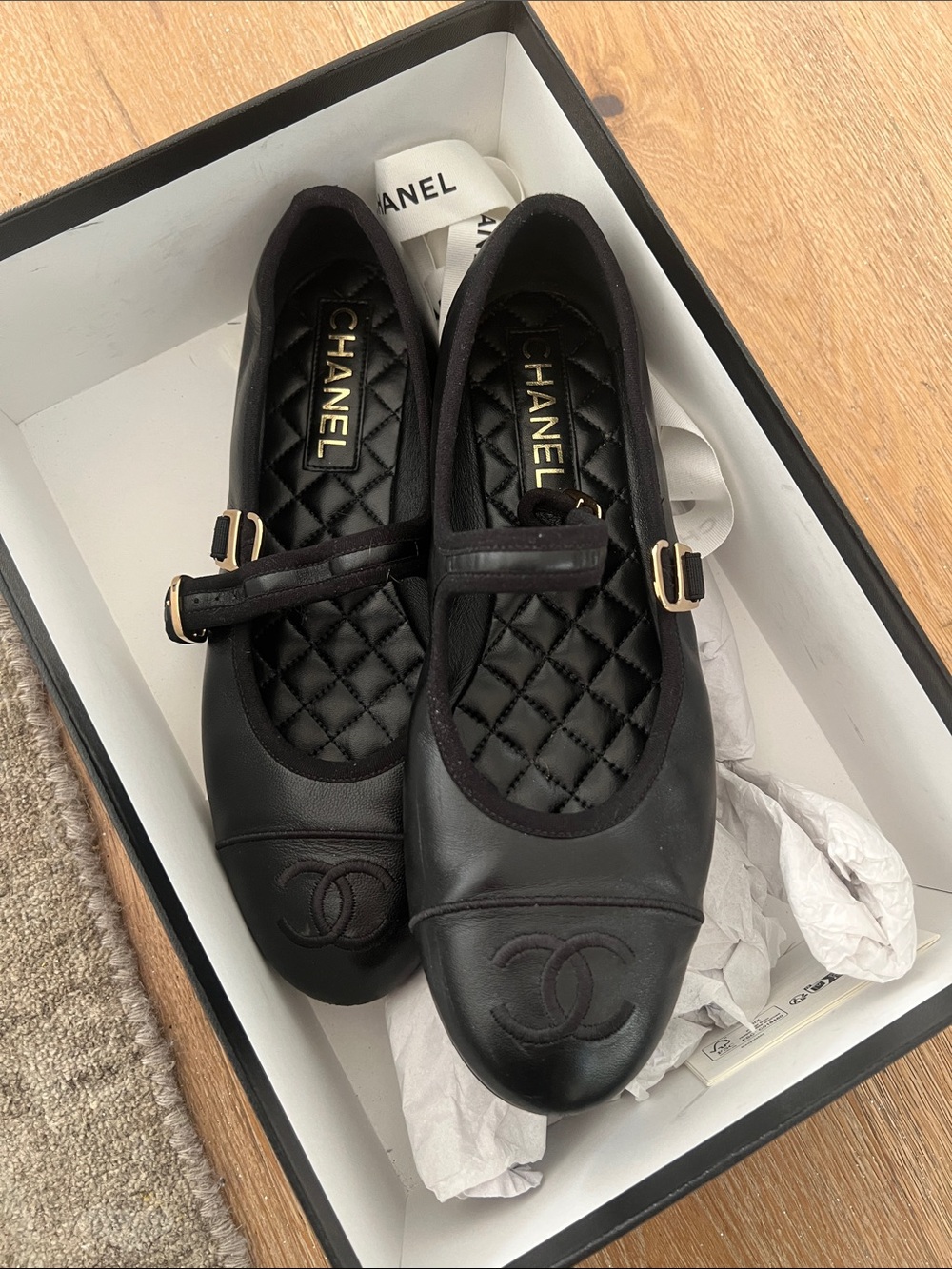 CHANEL Black Quilted Leather Mary Jane Flats with CC Toe